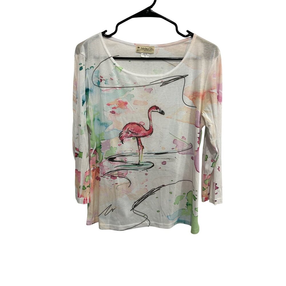 Impulse California Flamingo Print 3/4 Sleeve Top Sz Medium Scoop Neck Beach